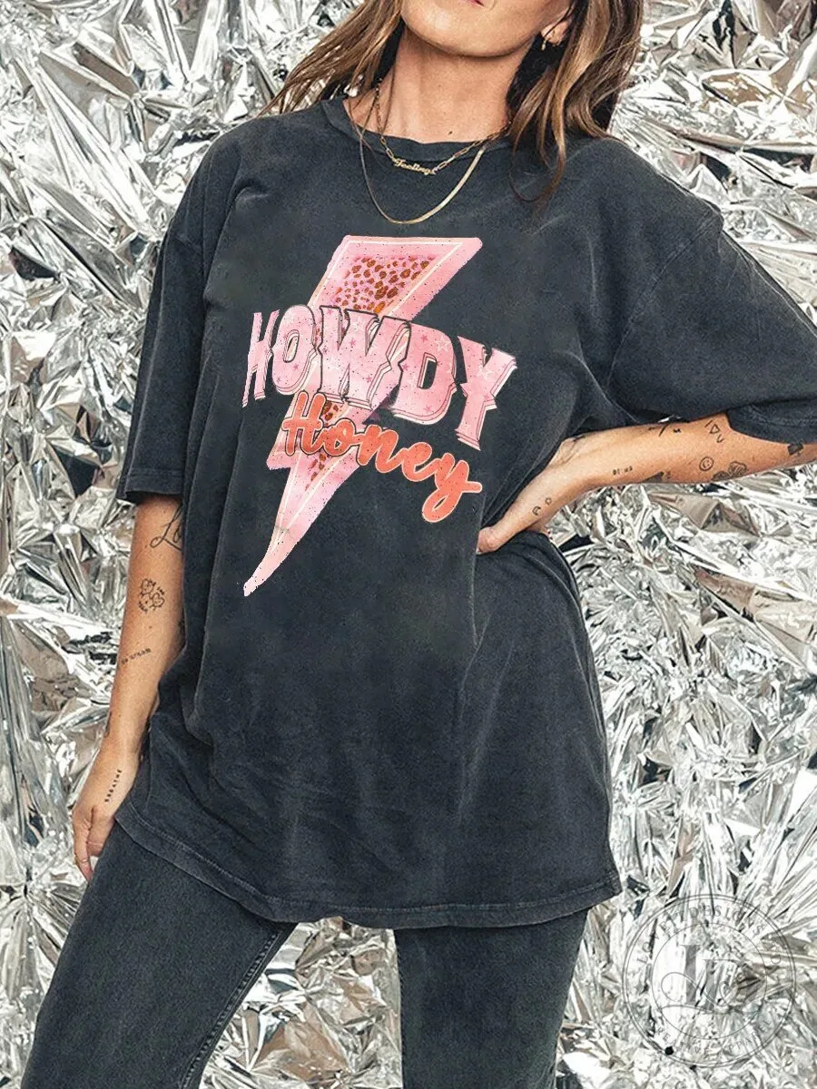 Howdy Honey Pink Lightning Bolt Washed Black Graphic T-Shirt