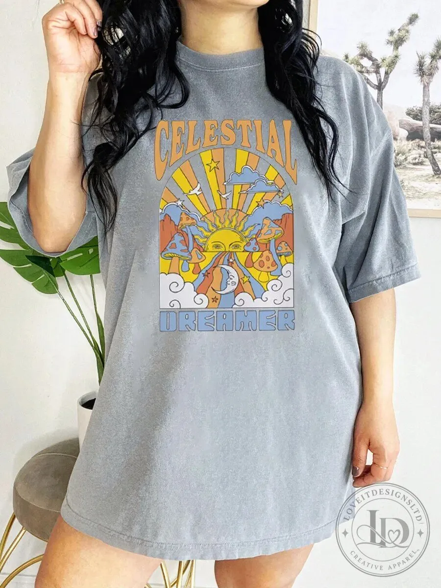 Celestial Dreamer Retro Psychedelic Mushroom Sun Moon Clouds T-Shirt 5 Celestial Dreamer Retro Psychedelic Mushroom Sun Moon Clouds T-Shirt