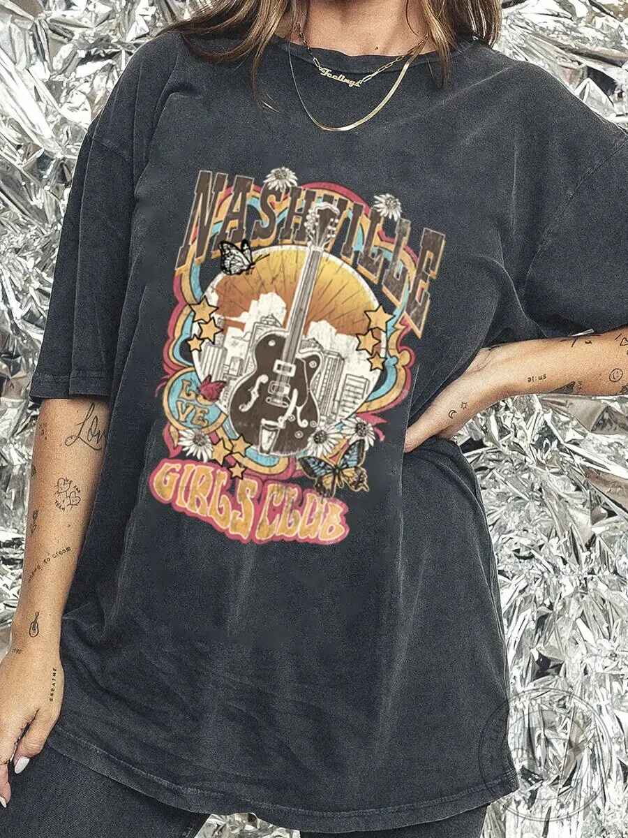 Nashville Girls Club Guitar and Butterflies Graphic Washed T-Shirt