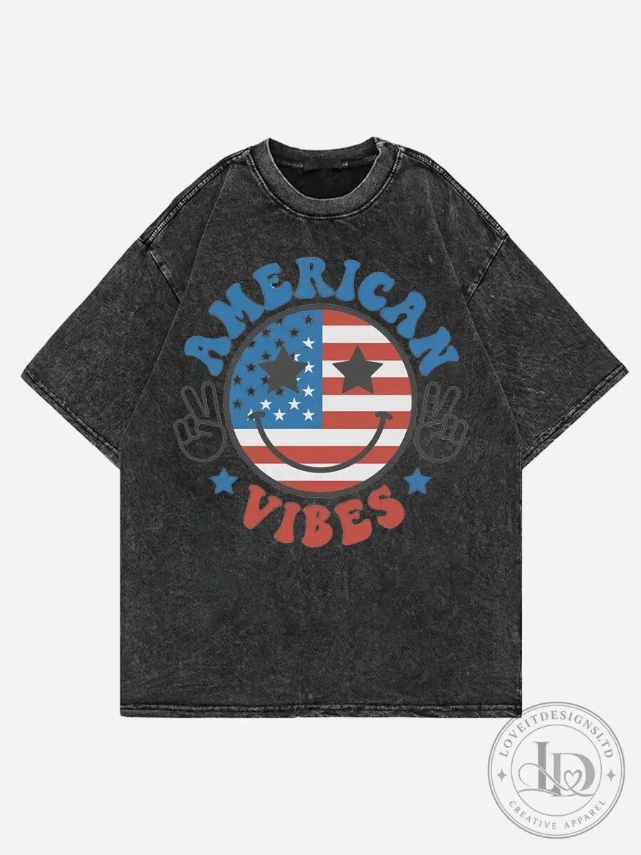 American Vibes Smiley Face Washed Black T-Shirt