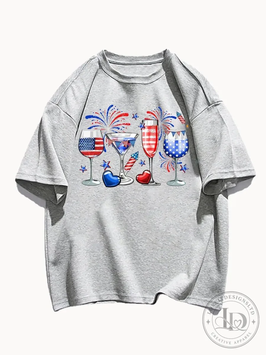 Patriotic American Flag Wine Glasses and Fireworks Celebration T-Shirt