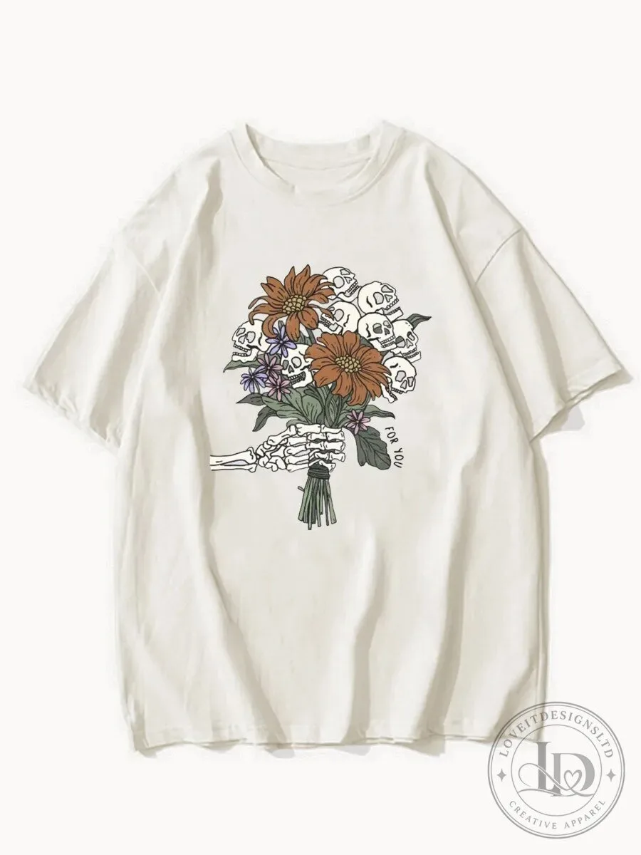 Skeleton Hand Holding Flowers Bouquet Graphic T-Shirt