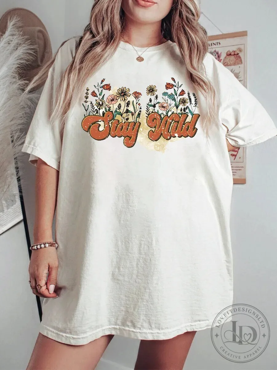 Stay Wild Floral Boho Hippie Aesthetic Graphic T-Shirt