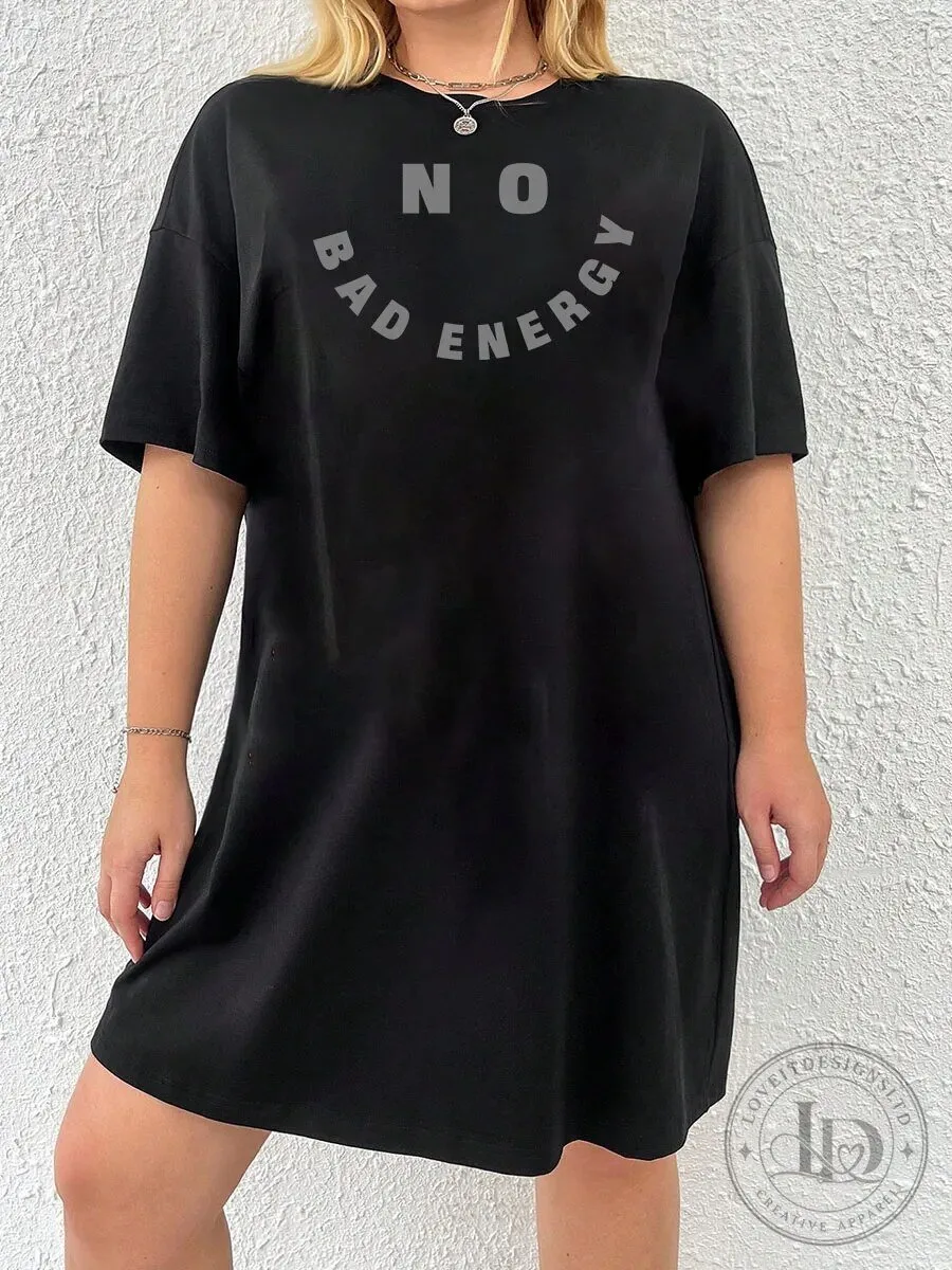 No Bad Energy Smiley Face Graphic Print Black T-Shirt Dress