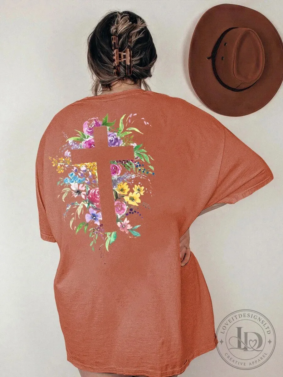 Floral Cross Christian Faith Women's Oversized T-Shirt