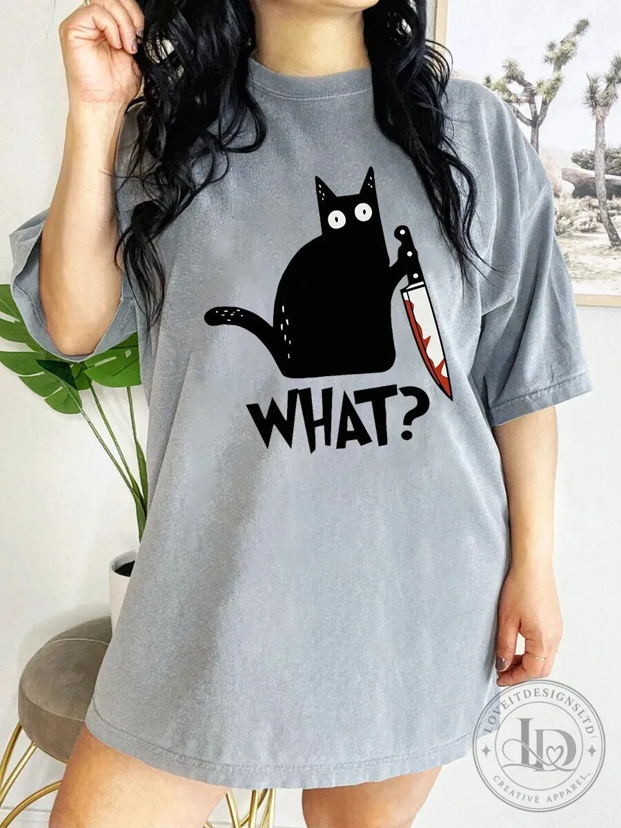 Funny Black Cat Holding Knife What? Meme T-Shirt